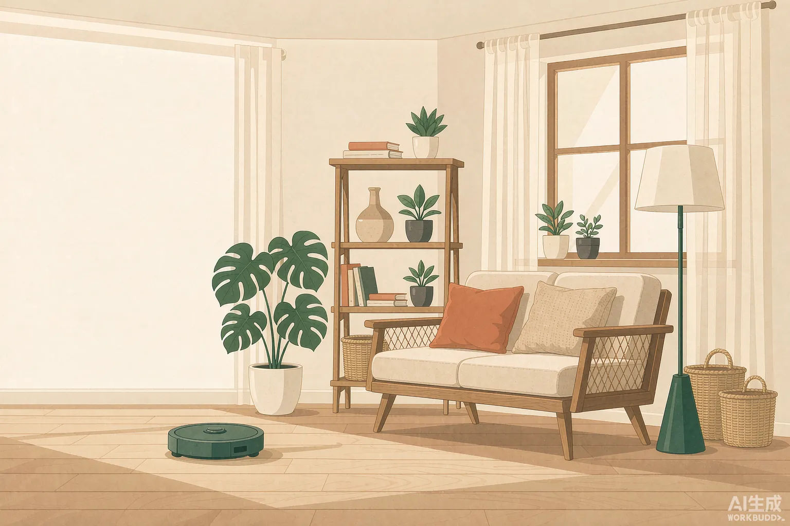 Illustration of a modern living room with sofa, shelving and a robot vacuum